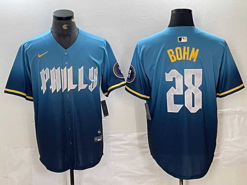 Men%27s Philadelphia Phillies #28 Alec Bohm Blue 2024 City Player Number Cool Base Stitched Jersey